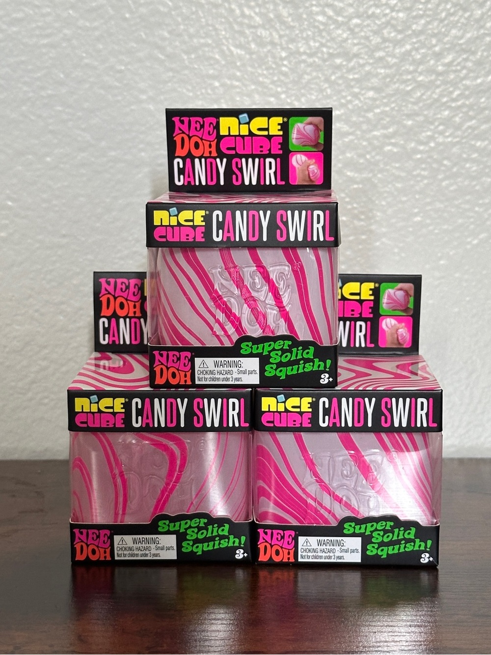 AUTHENTIC Nee-Doh Nice Cube Candy Swirl Squish Squeeze Stretch Toy Pink & White
